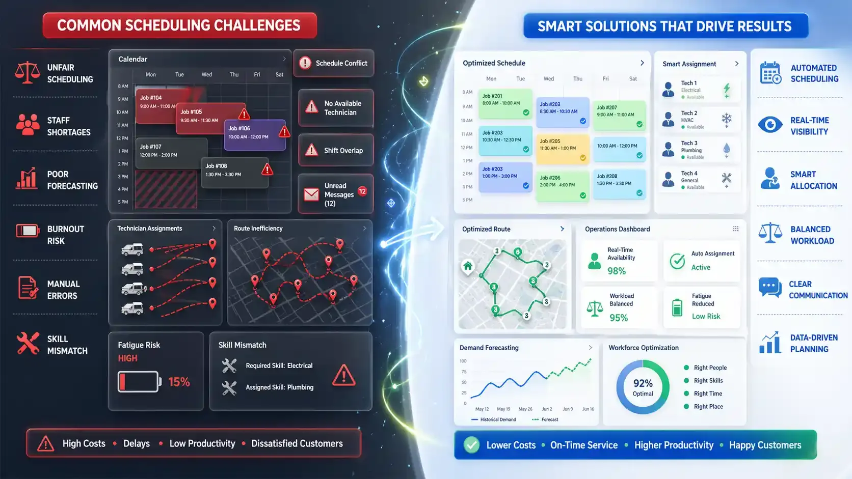 Field service scheduling dashboard showing problems vs optimized solutions